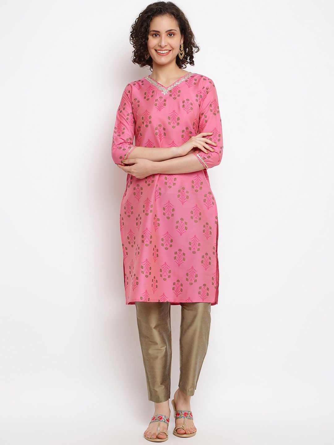 

IMARA Floral Printed V-Neck Straight Kurta, Pink