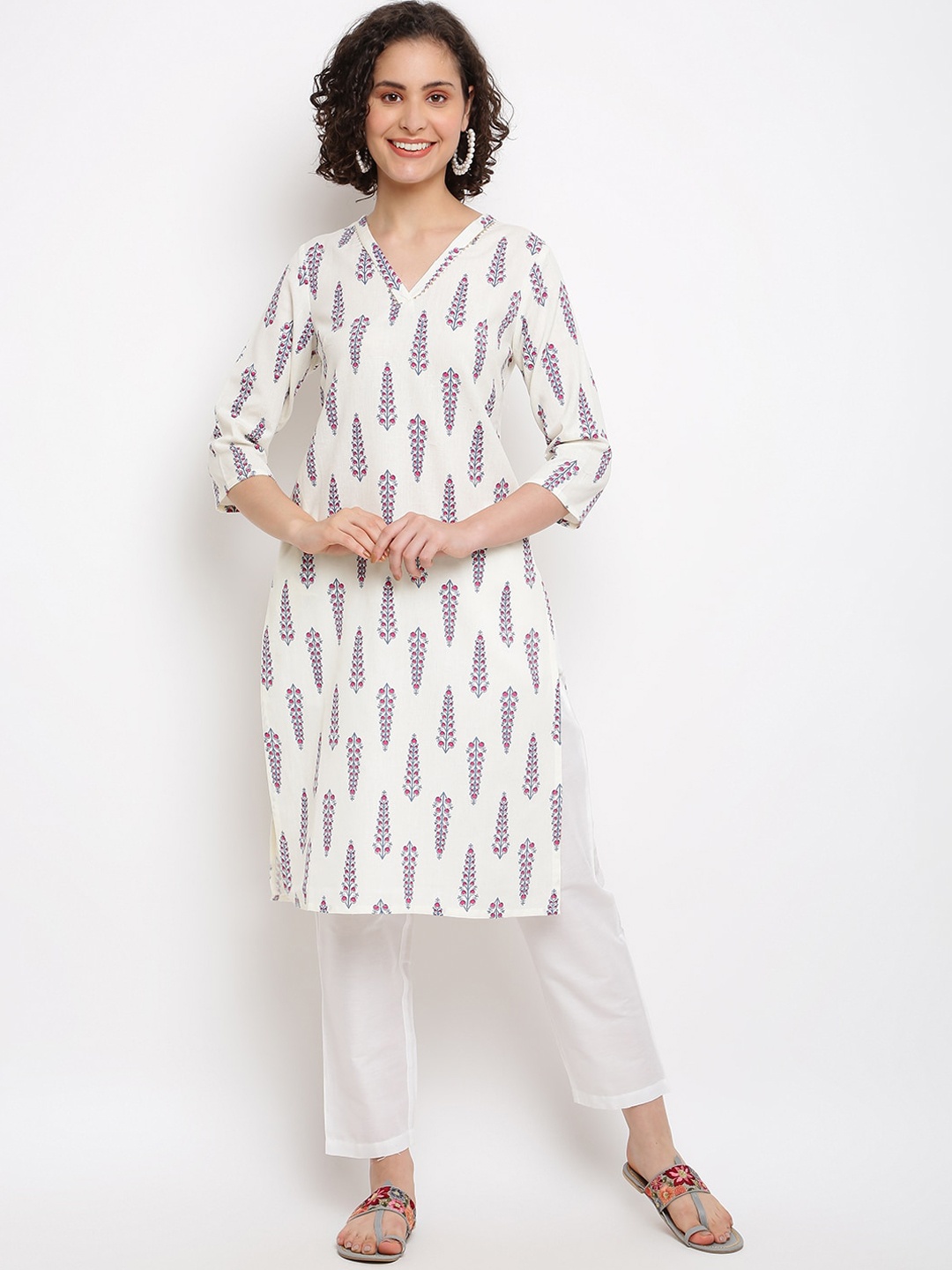 

IMARA Ethnic Motifs Printed Straight Kurta, Off white