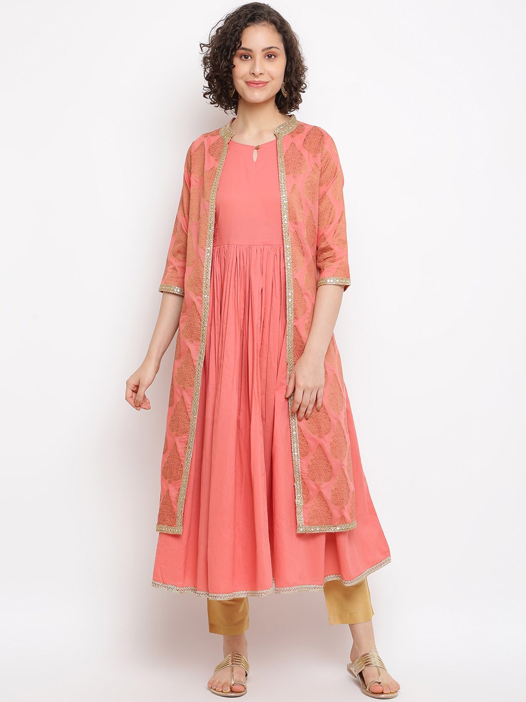 

IMARA Keyhole Neck Anarkali Kurta With Ethnic Motifs Woven Design Jacket, Coral