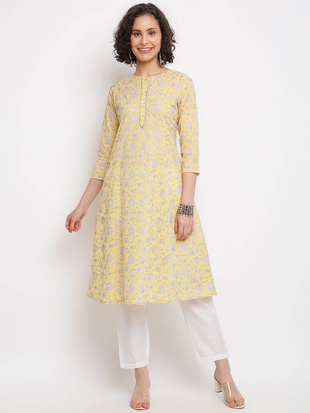 

IMARA Floral Printed A-Line Kurta, Yellow