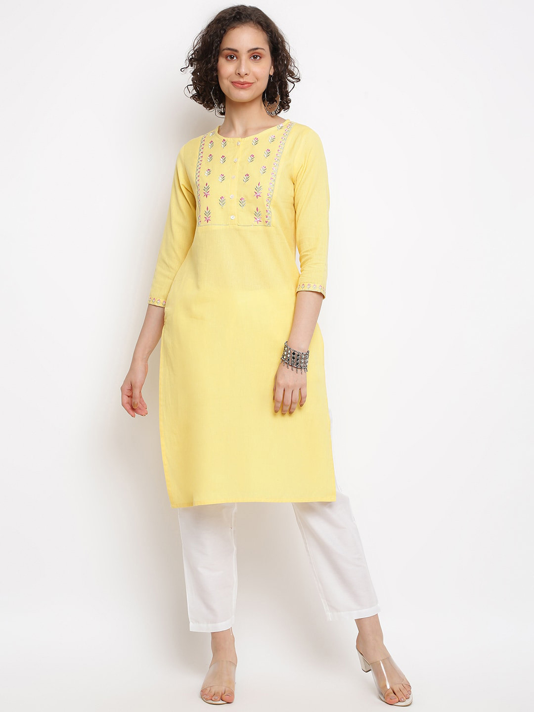 

IMARA Floral Embroidered Straight Kurta, Yellow