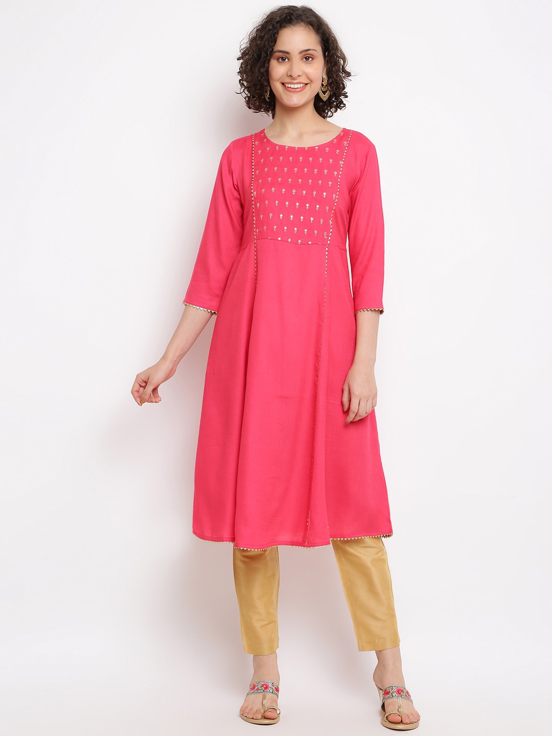 

IMARA Yoke Design Sequinned A-Line Kurta, Coral
