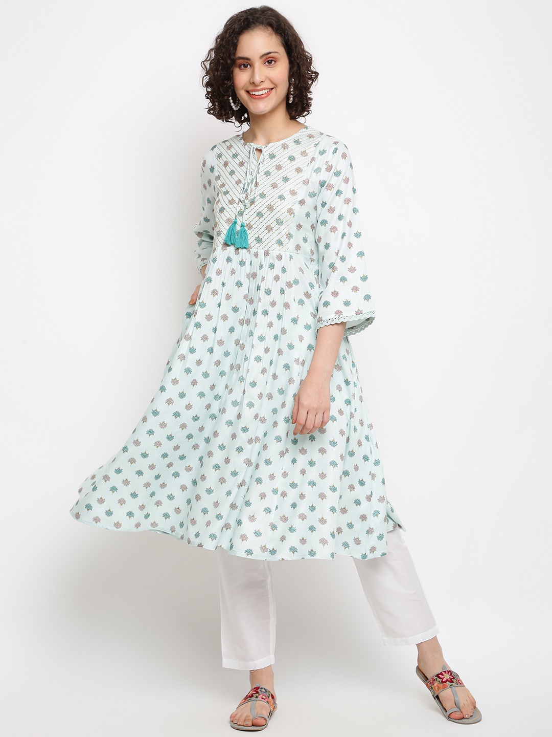 

IMARA Floral Printed Tie Up Neck Thread Work Anarkali Kurta, Blue