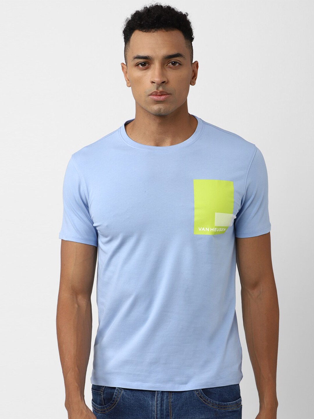 

V Dot Round Neck Cotton Slim Fit T-shirt, Blue