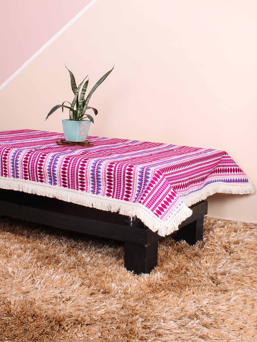 

STITCHNEST Aztec Purple & Pink 4-Seater Woven Table Cover With Lace Border