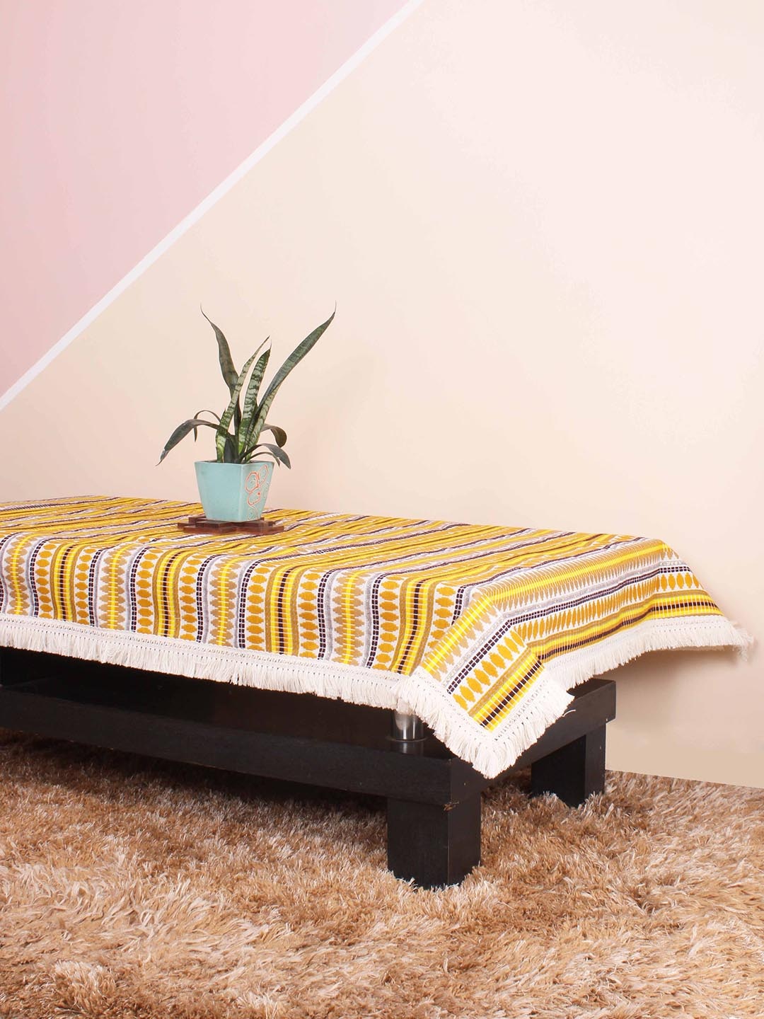 

STITCHNEST Aztec Yellow & White 4-Seater Woven Table Cover With Lace Border