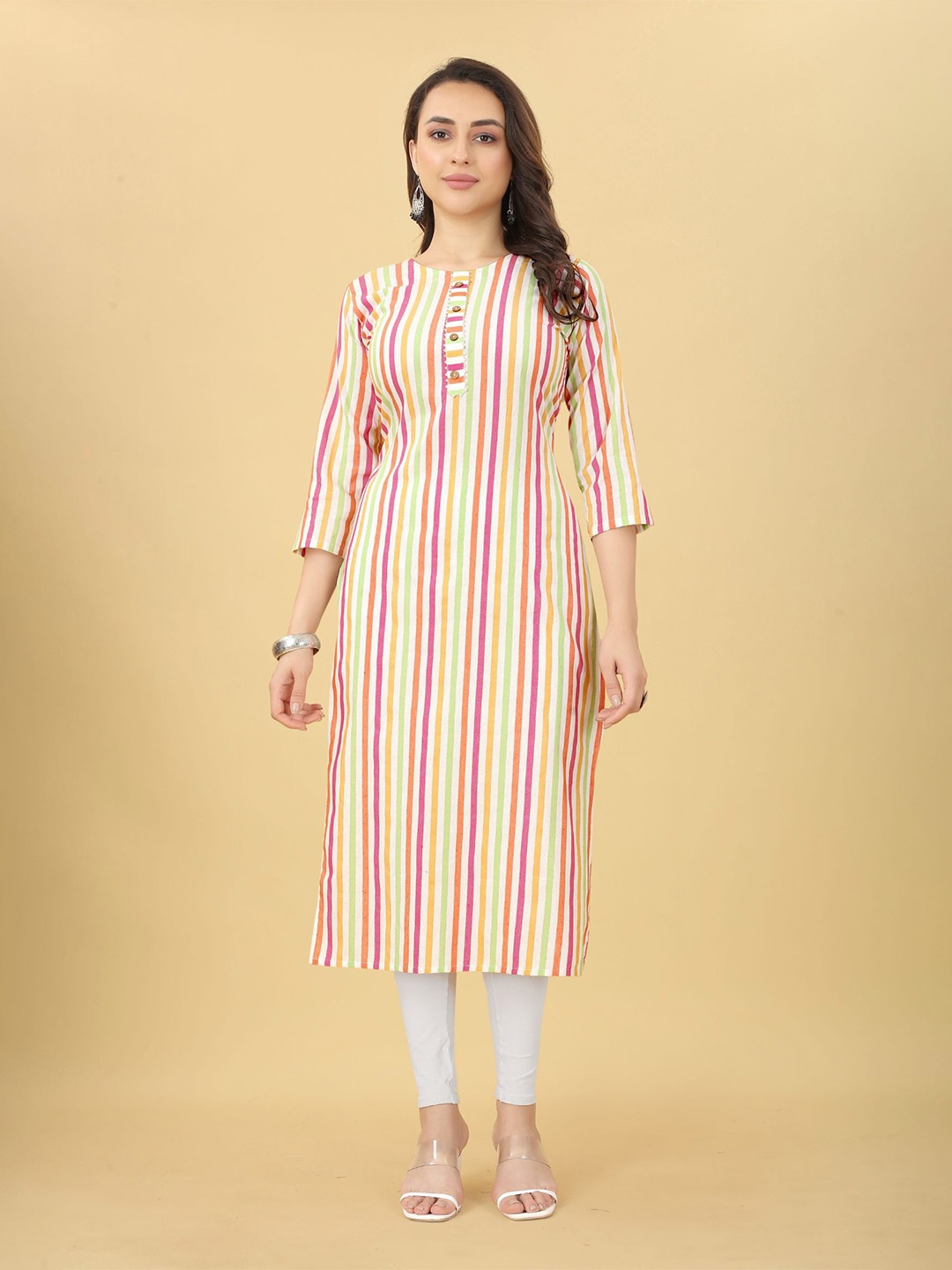 

KALINI Striped Straight Kurta, White
