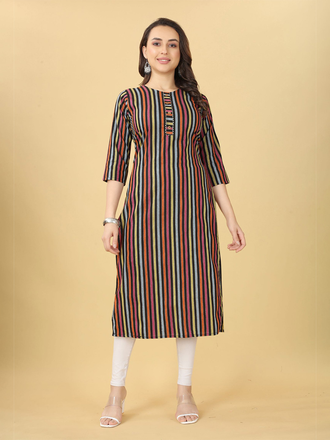 

KALINI Striped Straight Kurta, Black