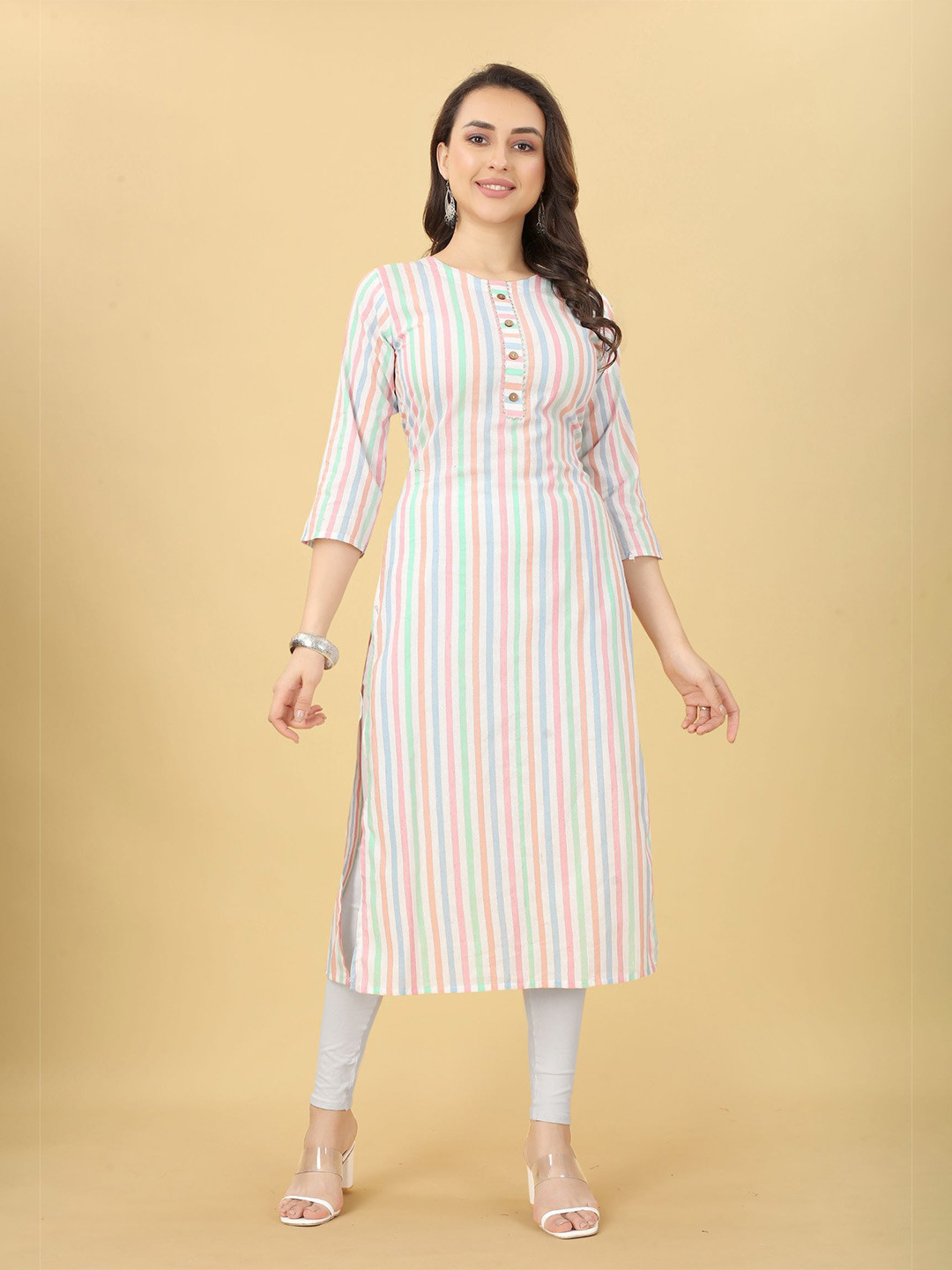 

KALINI Striped Straight Kurta, White