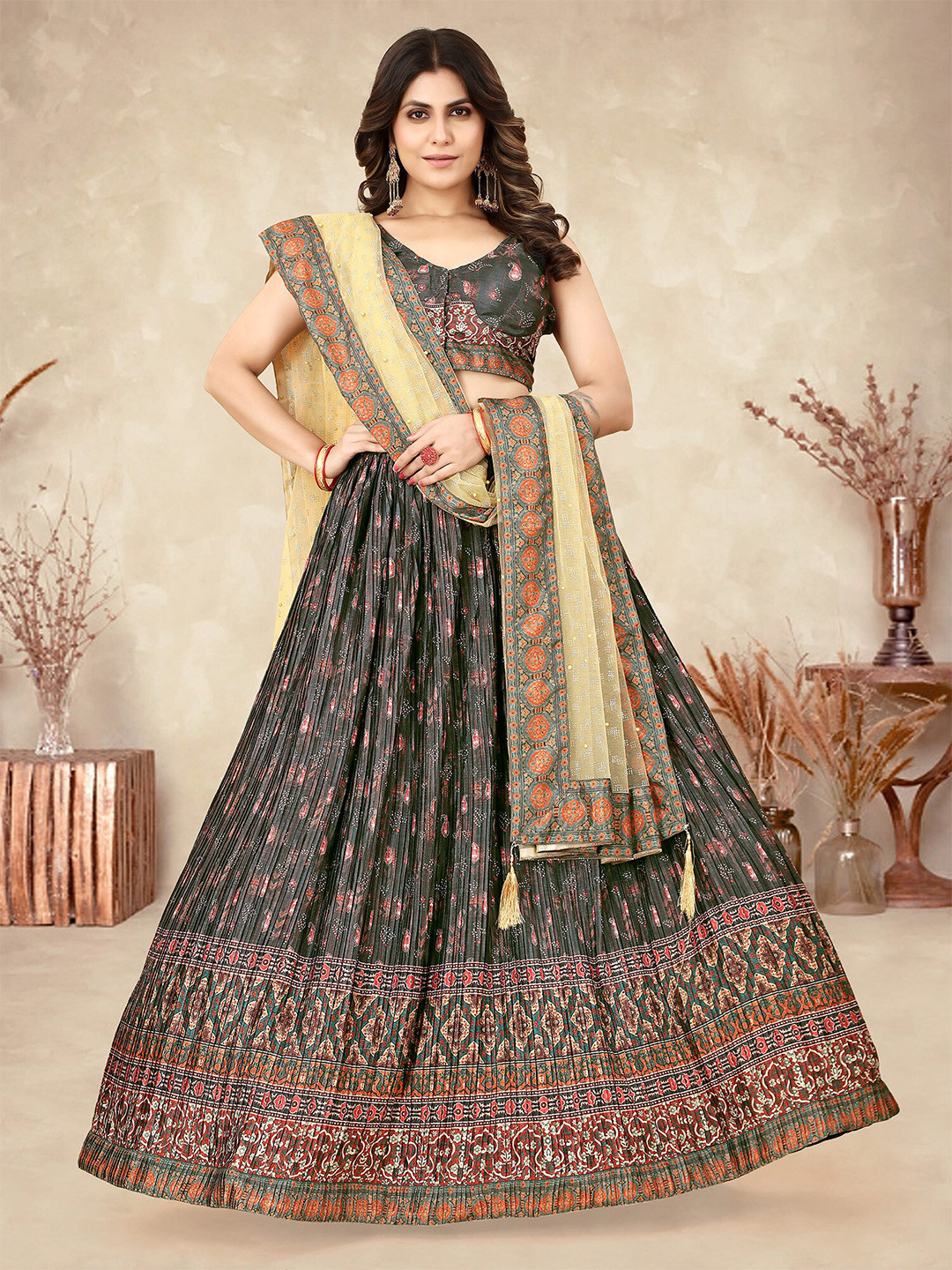 

elora Ethnic Motifs Printed Silk Semi-Stitched Lehenga & Unstitched Blouse With Dupatta, Grey
