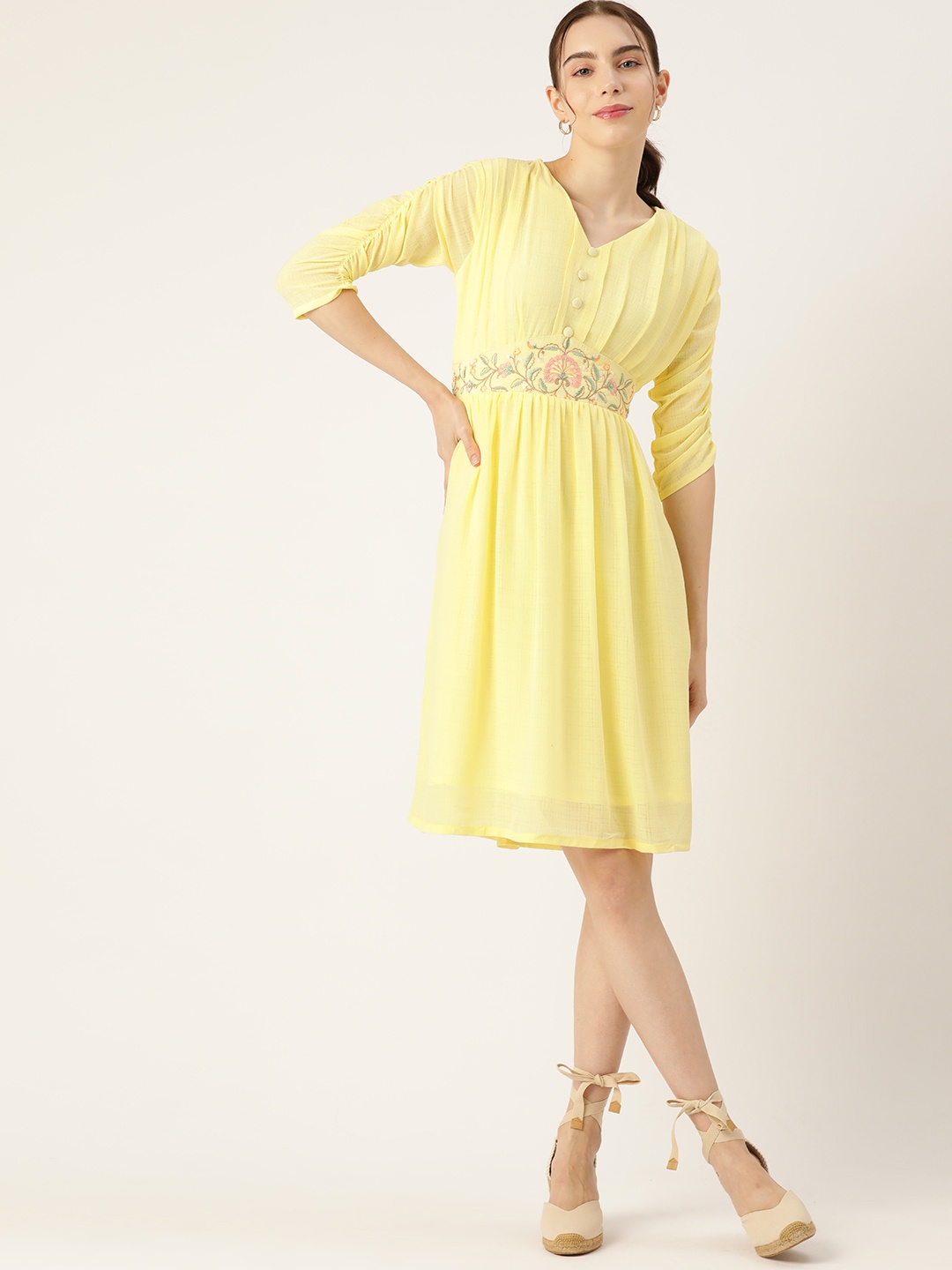 

DressBerry Floral Embroidered Georgette Fit & Flare Dress, Yellow