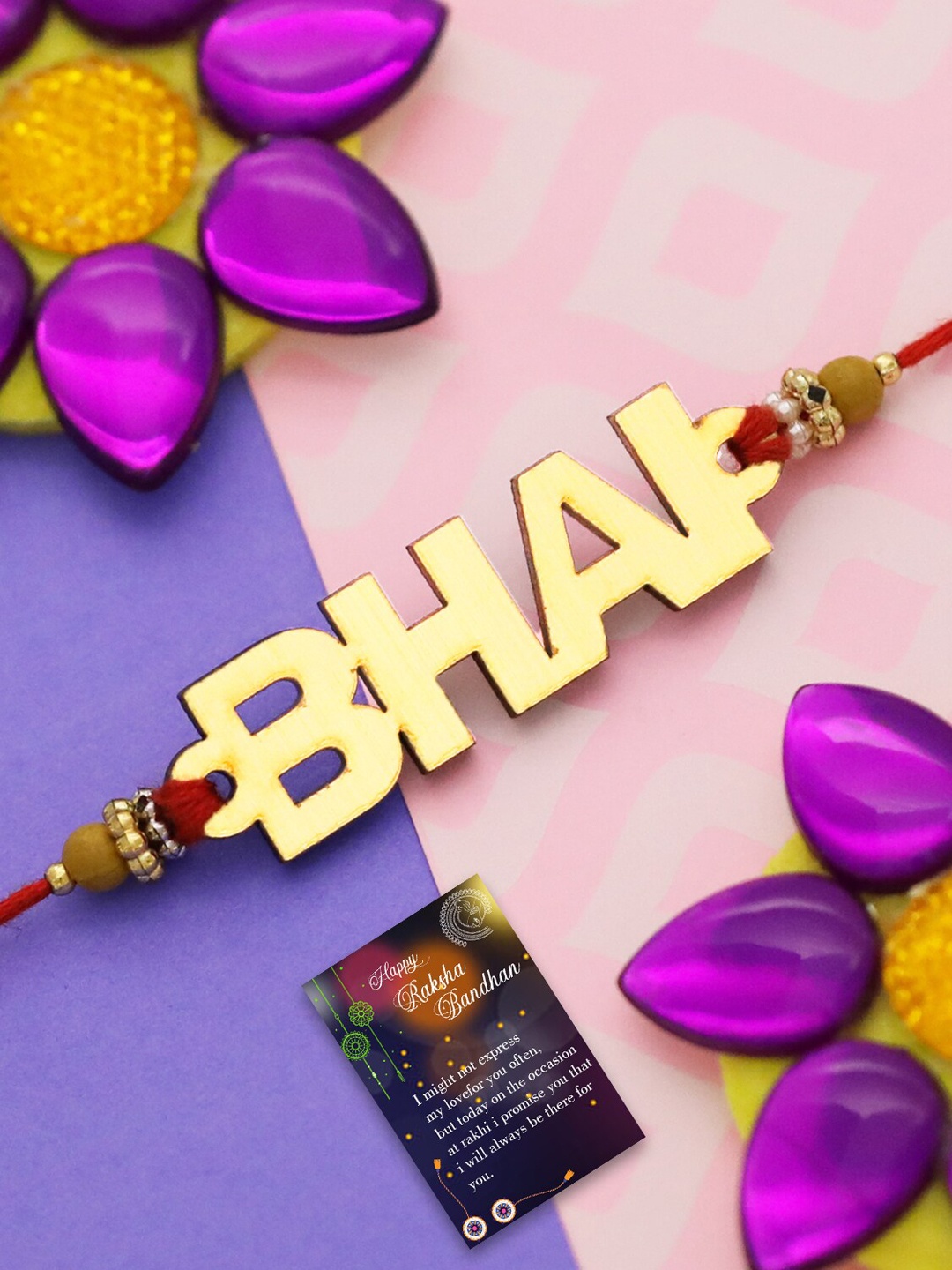 

Silver Shine Unisex Set Of 2 Charm Rakhis With Roli Chawal 1 Greeting Card & Pooja Thali, Gold