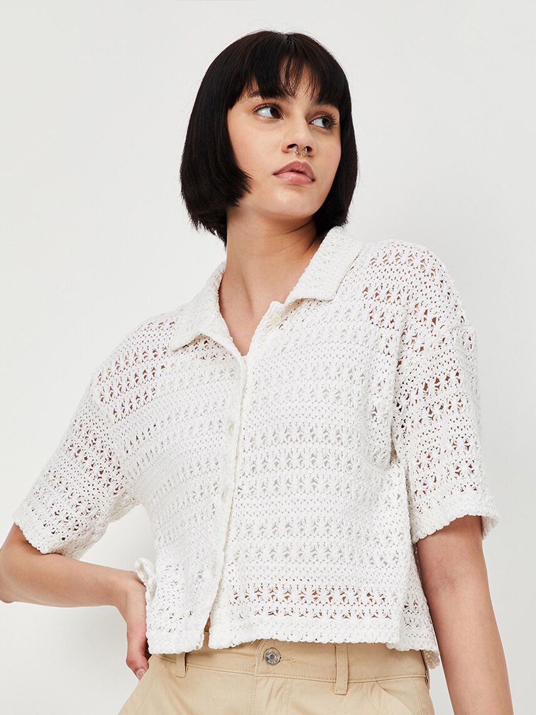 

max Self Design Spread Collar Pure Cotton Casual Shirt, White