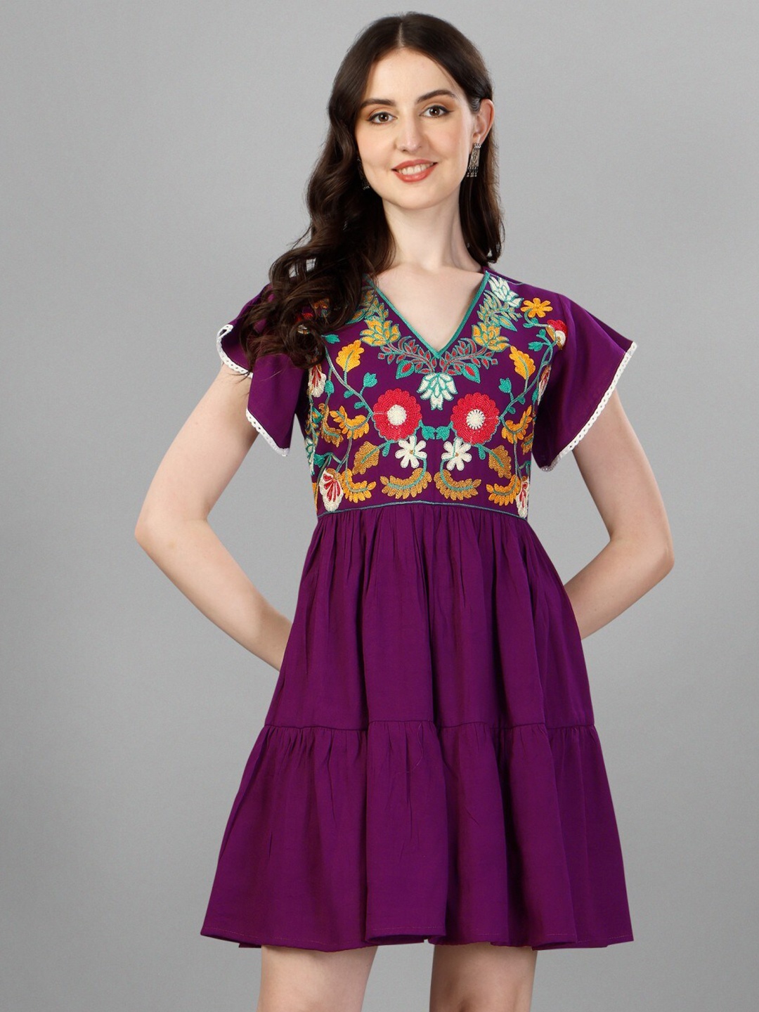 

Kinjo Floral Embroidered V-Neck Flutter Sleeve Tiered Fit & Flare Dress, Purple