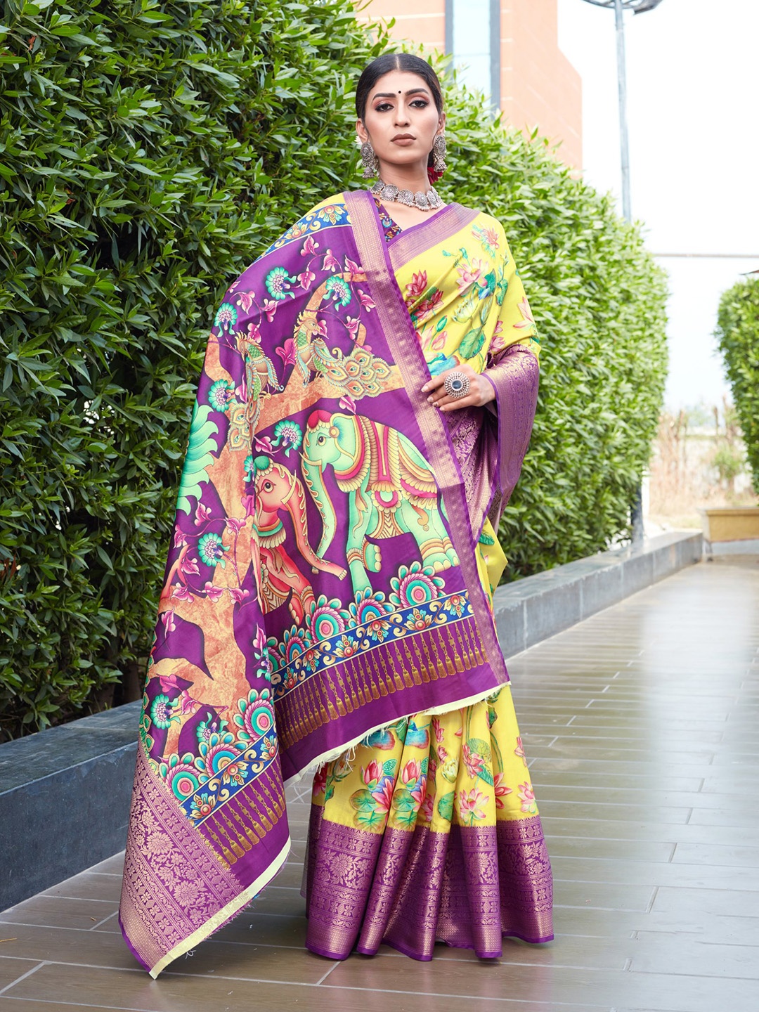 

all about you Yellow & Purple Floral Printed Zari Saree