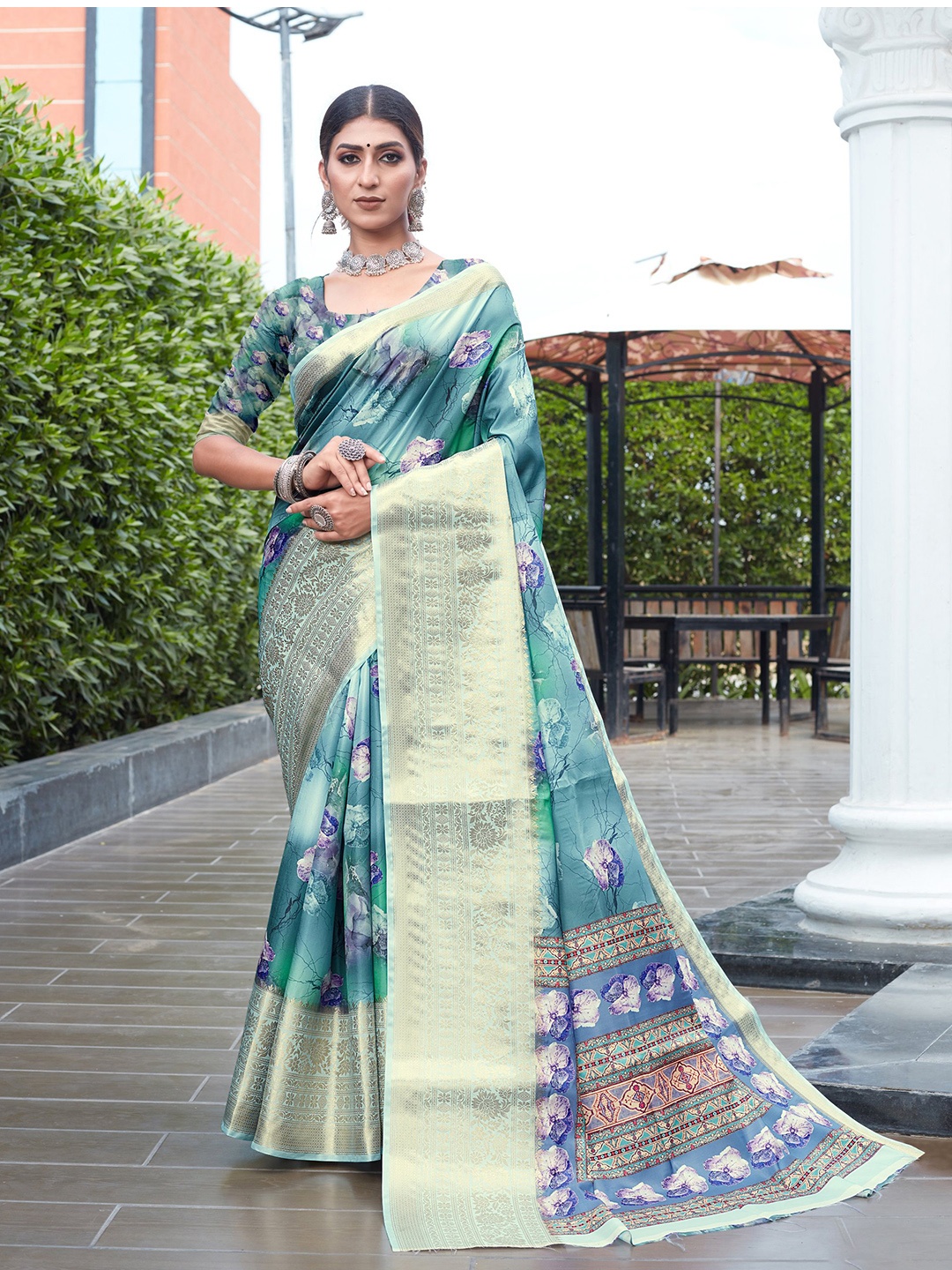 

all about you Floral Printed Zari Silk Blend Saree, Sea green
