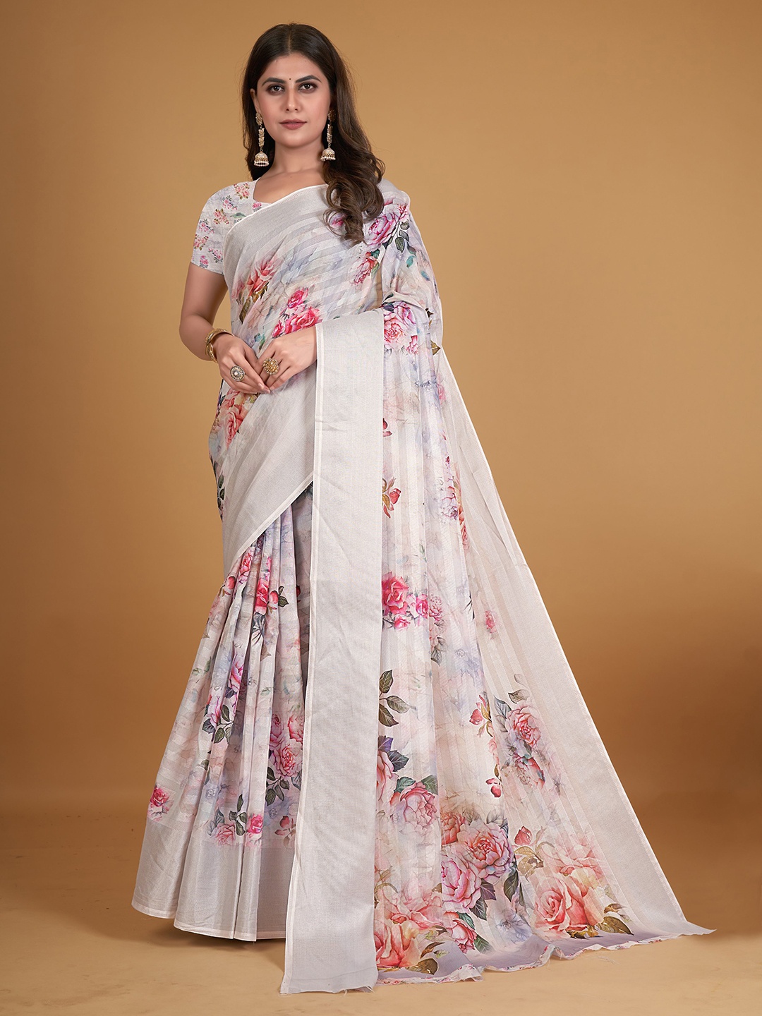 

all about you Floral Printed Silk Cotton Saree, Off white