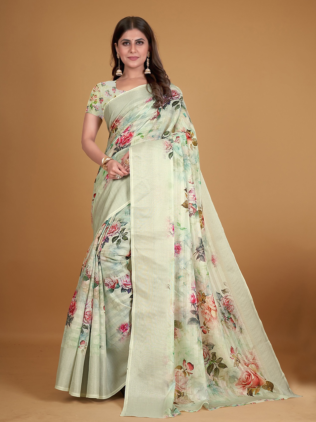 

all about you Floral Printed Silk Cotton Saree, Green