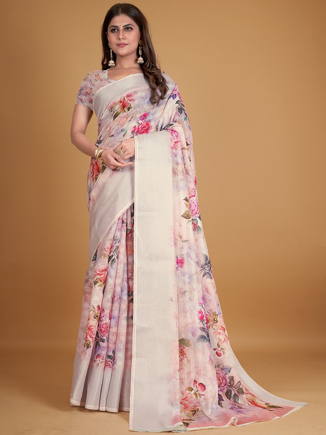 

all about you Floral Printed Zari Silk Cotton Saree, Pink