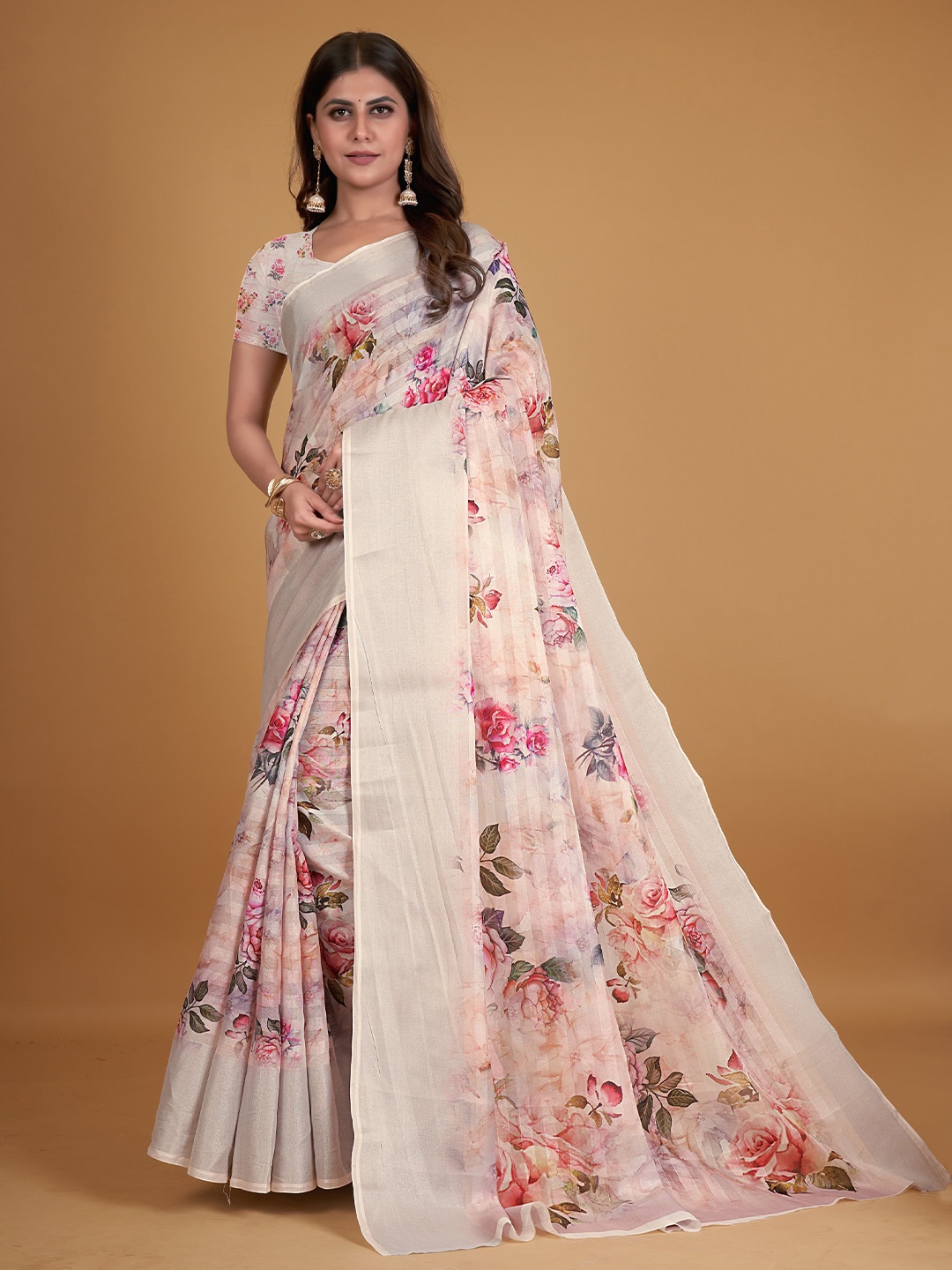 

all about you Floral Printed Silk Cotton Saree, Cream