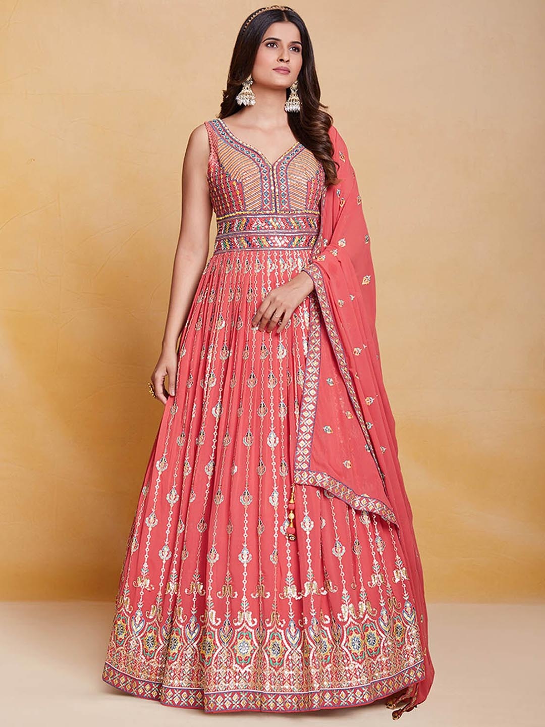 

ODETTE Embroidered Georgette Fit & Flare Ethnic Dresses with Dupatta, Orange