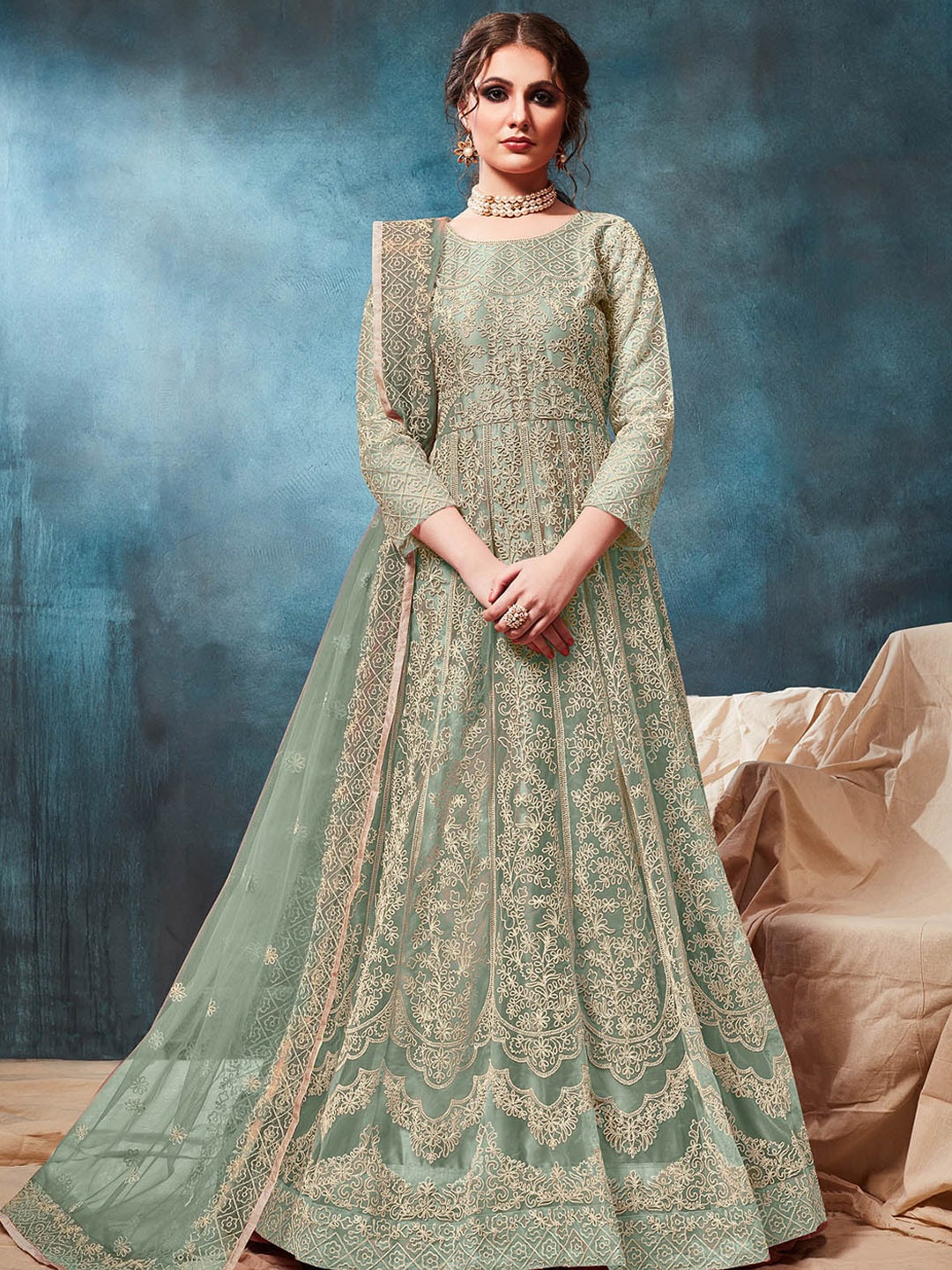 

ODETTE Embroidered Semi Stitched Gown with Dupatta, Sea green