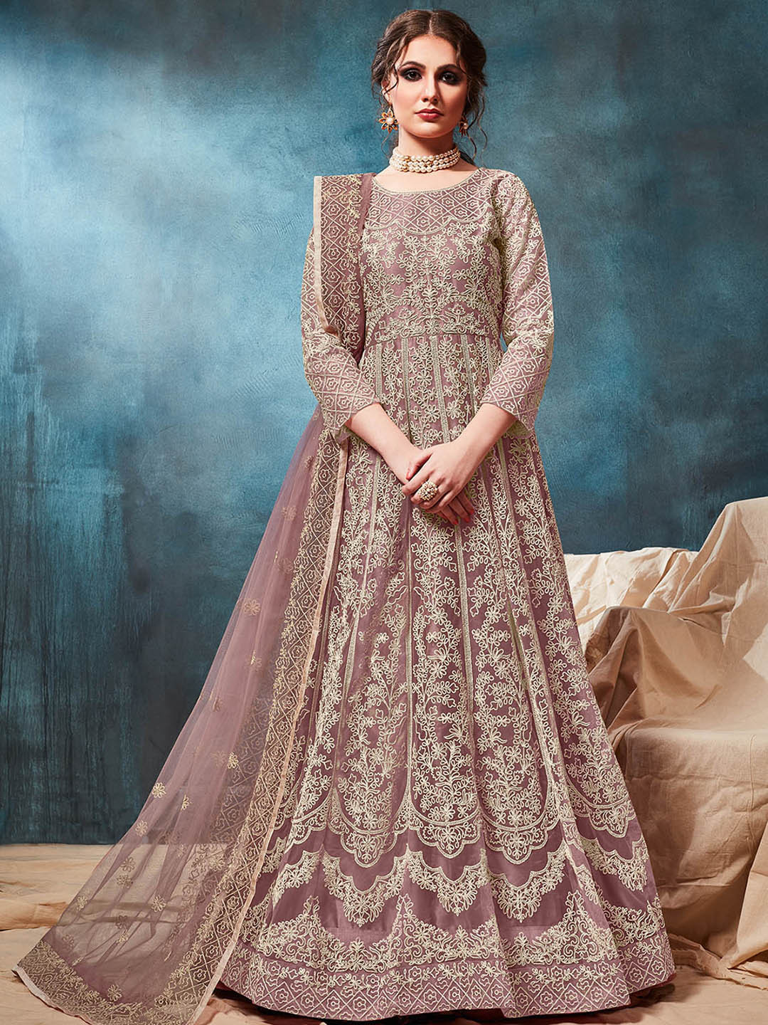 

ODETTE Embroidered Semi Stitched Gown with Dupatta, Purple