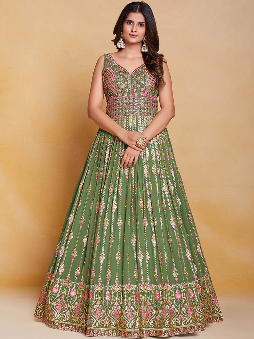 

ODETTE Embroidered V-Neck Georgette Fit & Flare Ethnic Dresses with Dupatta, Green