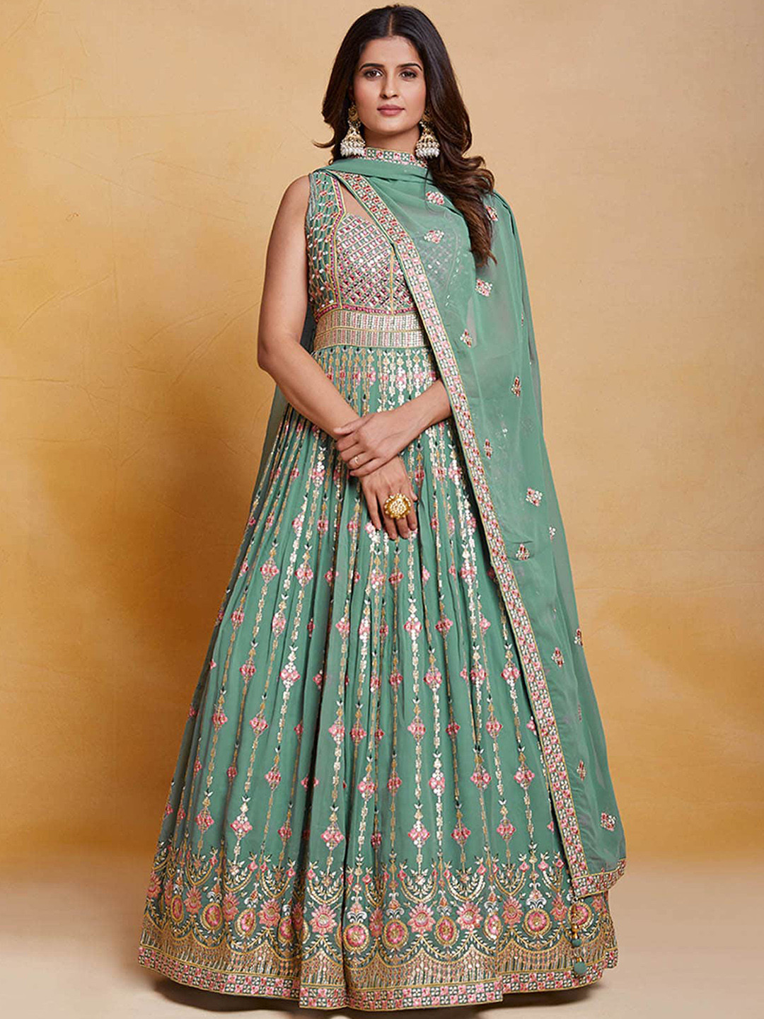 

ODETTE Embroidered Sweetheart Neck Georgette Fit & Flare Ethnic Dresses with Dupatta, Sea green
