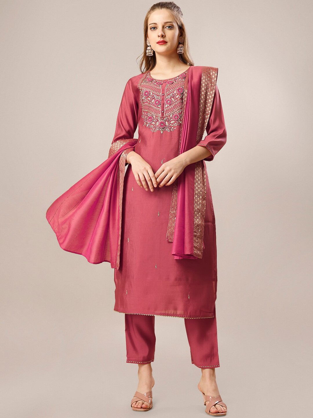 

Berrylicious Floral Embroidered Sequinned Chanderi Cotton Kurta With Trousers & Dupatta, Pink