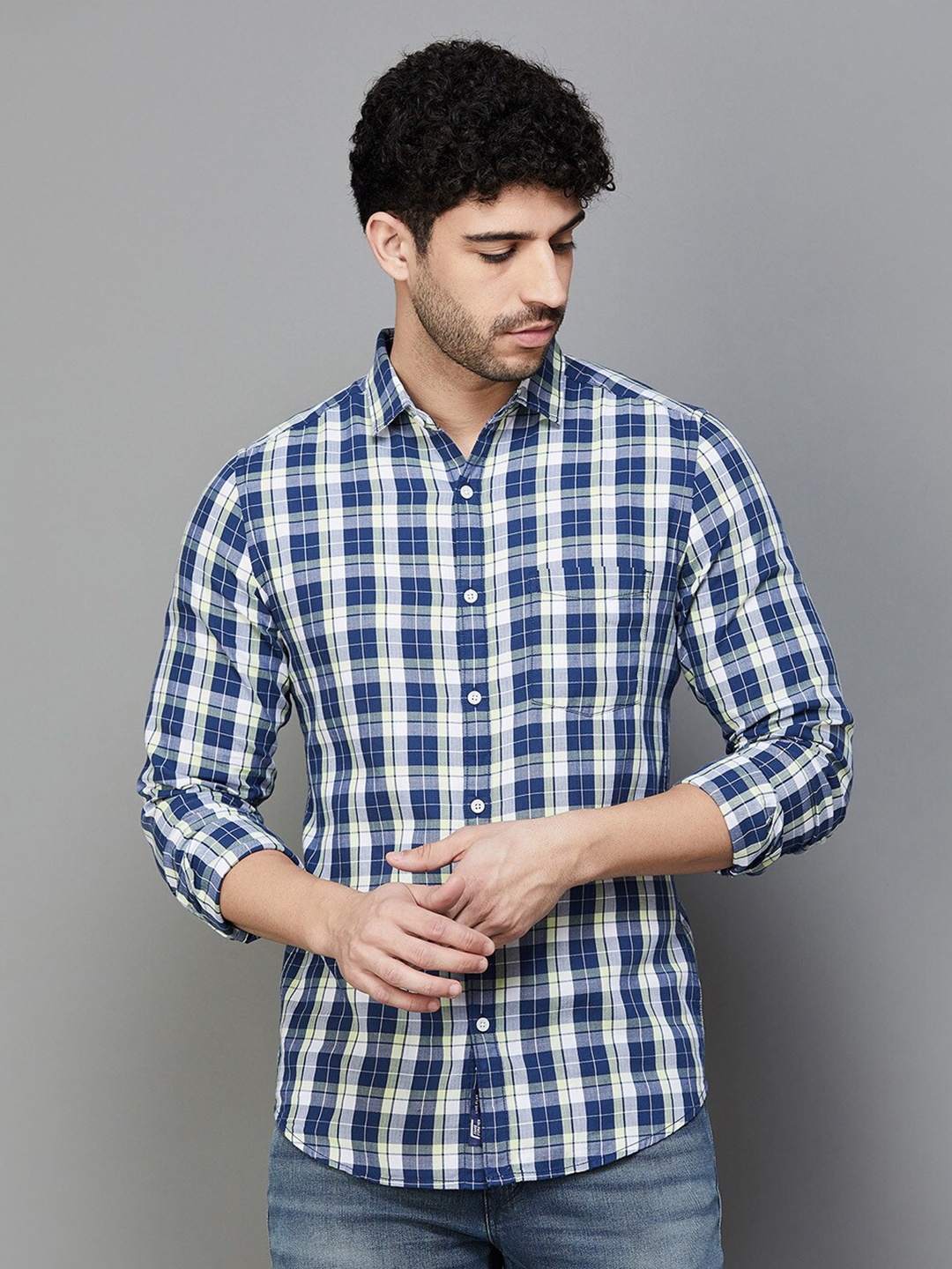 

Fame Forever by Lifestyle Slim Fit Tartan Checked Casual Cotton Shirt, Navy blue