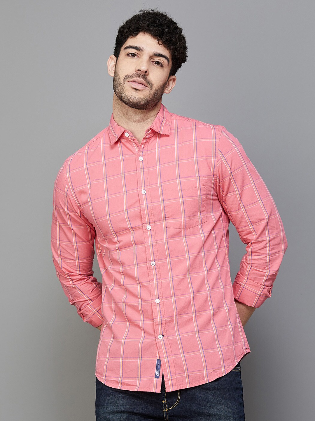 

Fame Forever by Lifestyle Slim Fit Windowpane Checked Casual Cotton Shirt, Peach