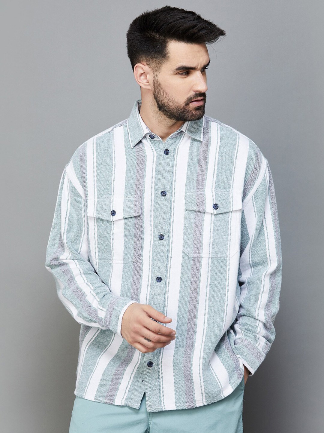

Fame Forever by Lifestyle Slim Fit Vertical Striped Casual Cotton Shirt, Sea green
