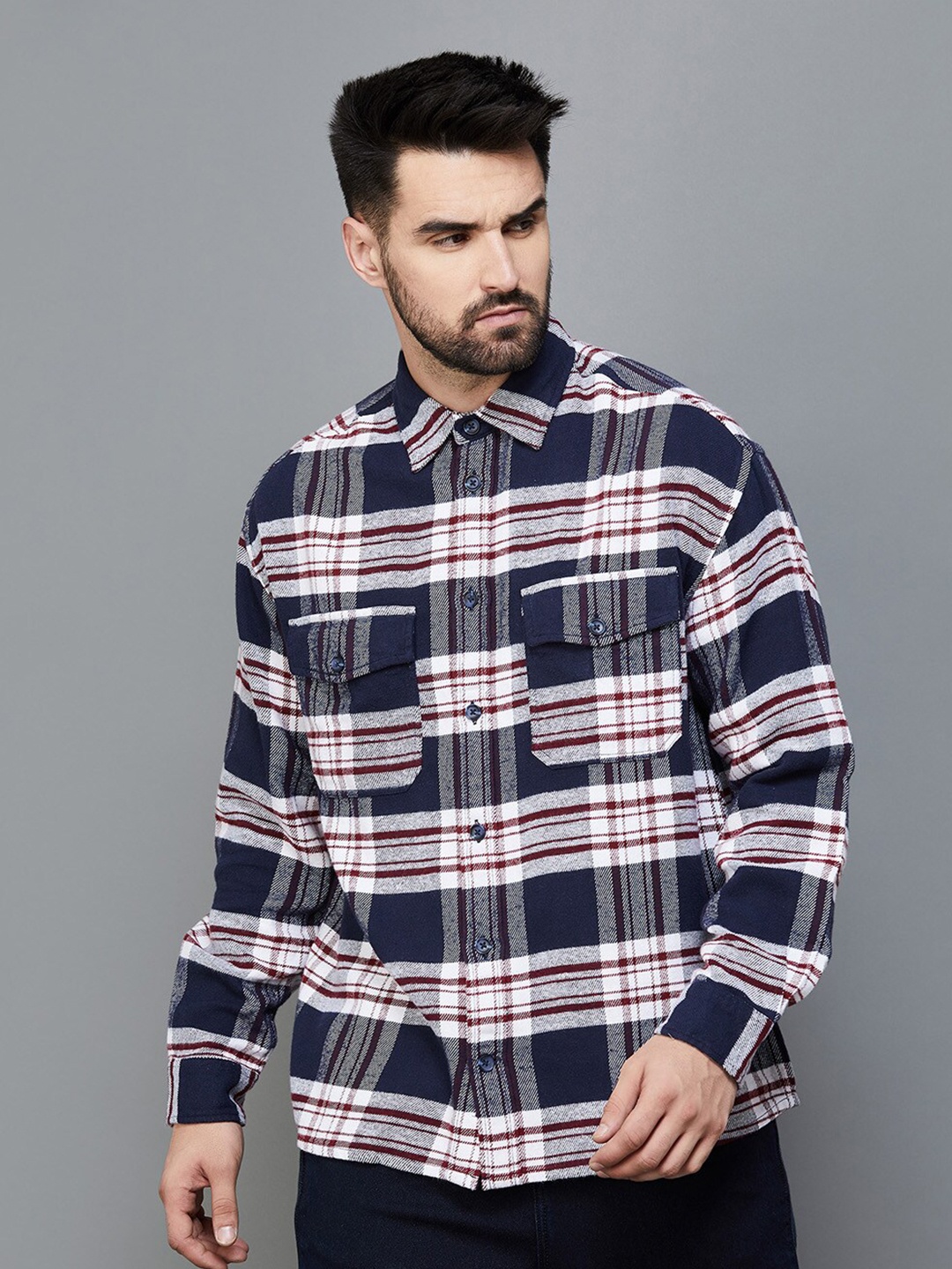 

Fame Forever by Lifestyle Slim Fit Tartan Checked Casual Cotton Shirt, Navy blue