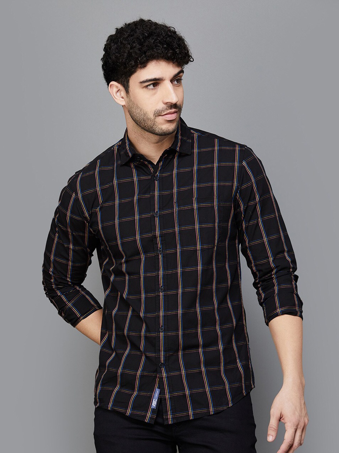 

Fame Forever by Lifestyle Windowpane Checks Slim Fit Cotton Casual Shirt, Black