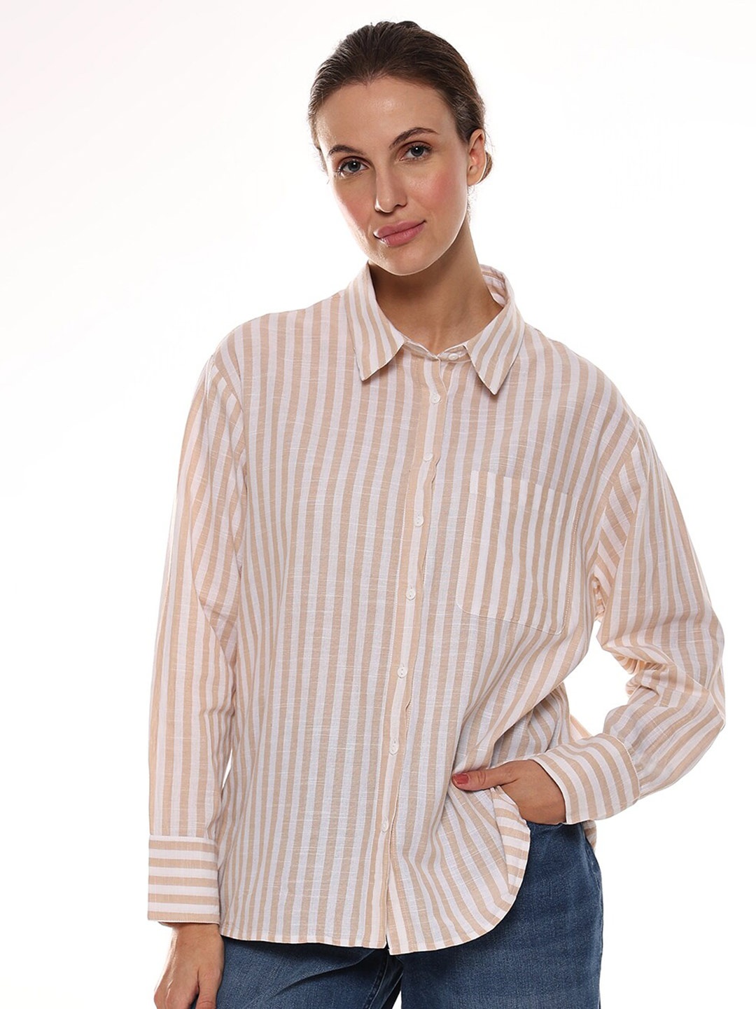 

Gazillion Contemporary Striped Spread Collar Pure Cotton Casual Shirt, Beige