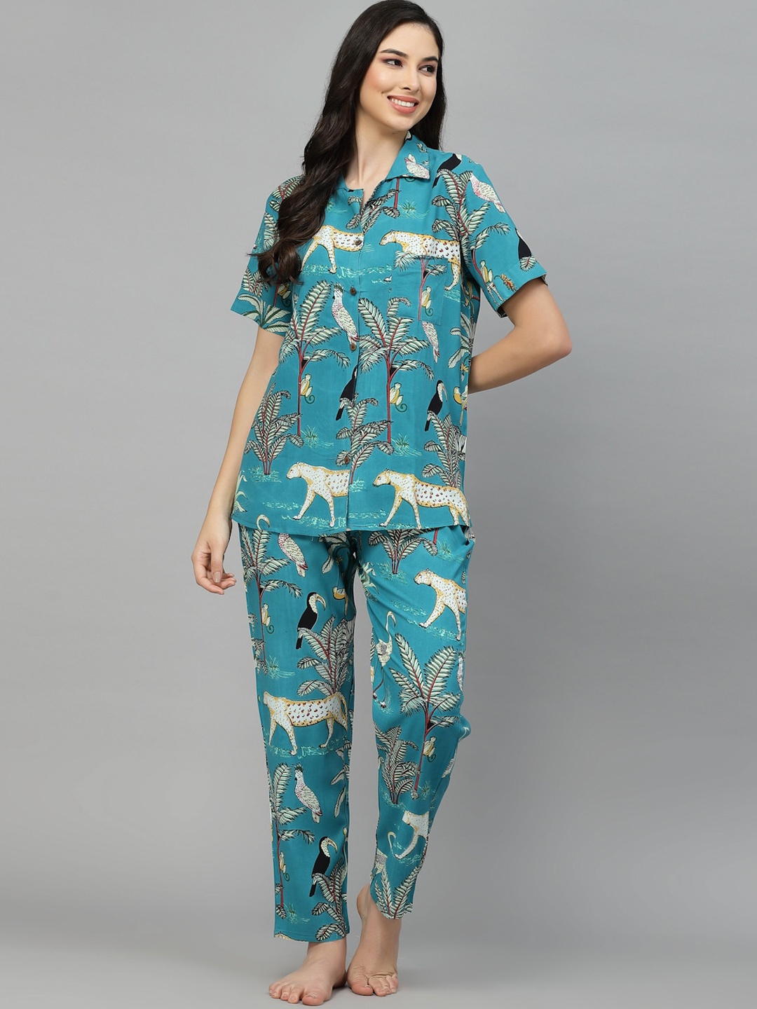 

Stylum Teal & Yellow Conversational Printed Night suit