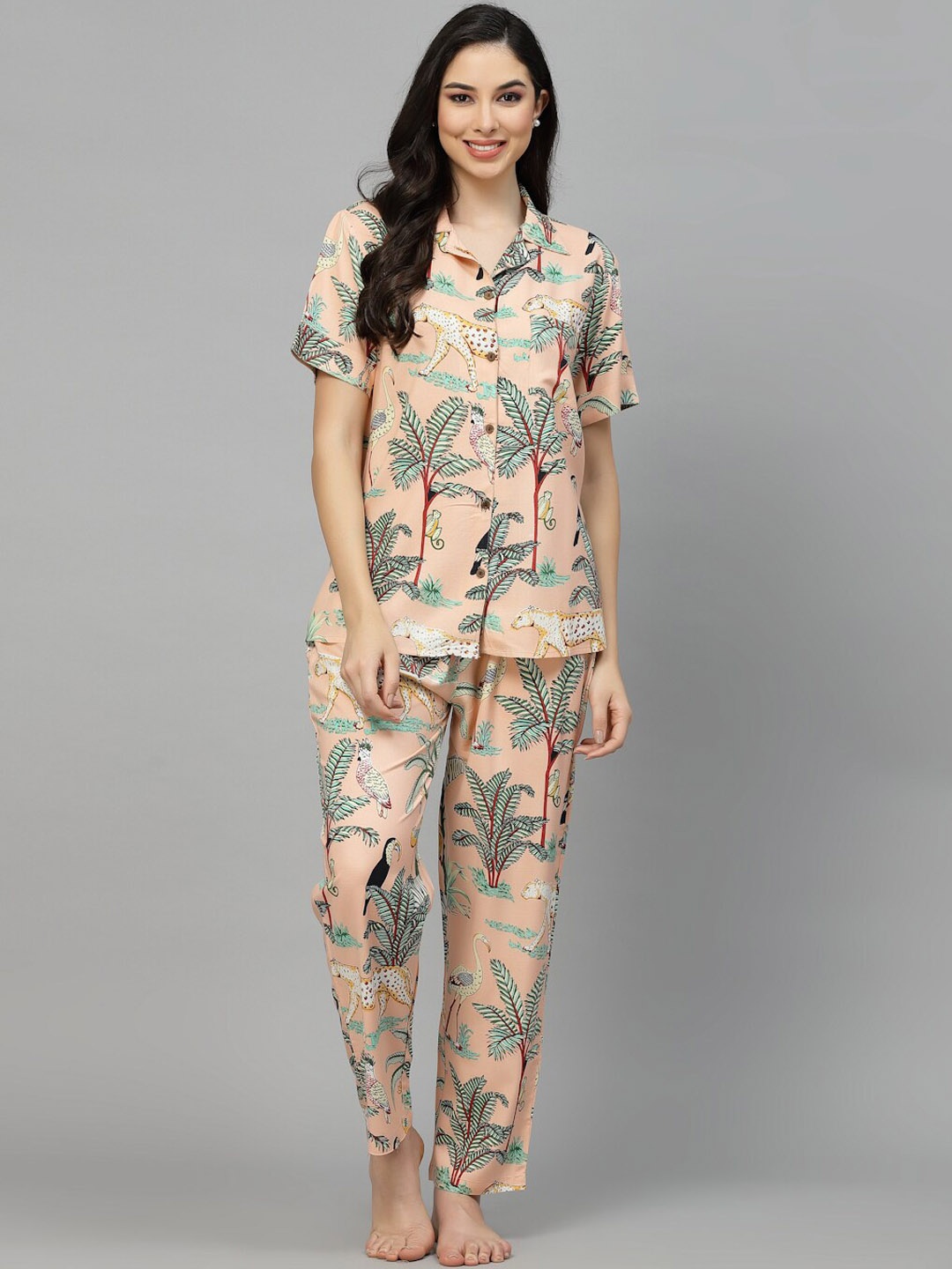 

Stylum Tropical Printed Night suit, Peach