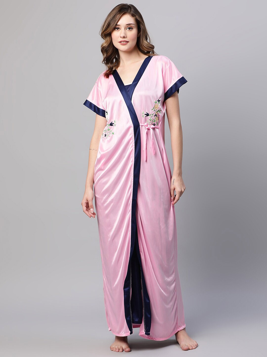 

AV2 Floral Embroidered Satin Maxi Nightdress With Robe, Pink
