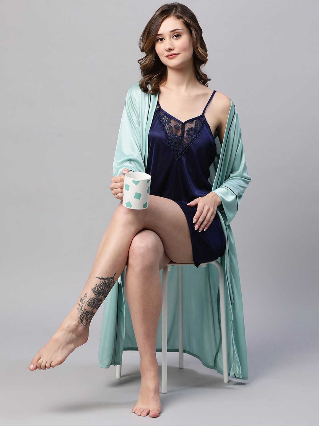 

AV2 Self Design Satin Nightdress With Robe, Sea green