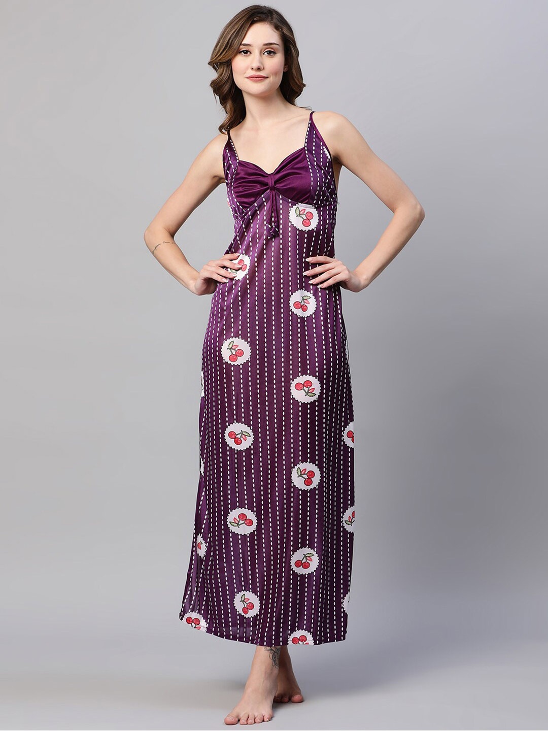 

AV2 Printed Satin Nighty With Robe, Purple