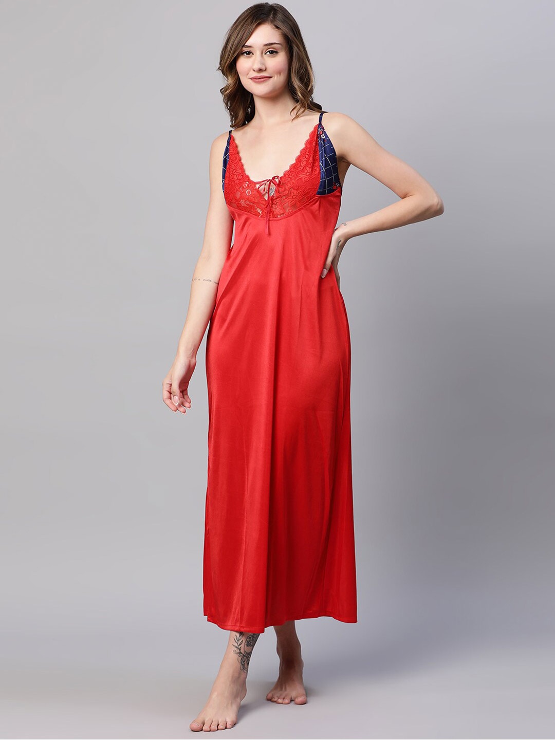 

AV2 Self Design Satin Maxi Nightdress With Robe, Navy blue