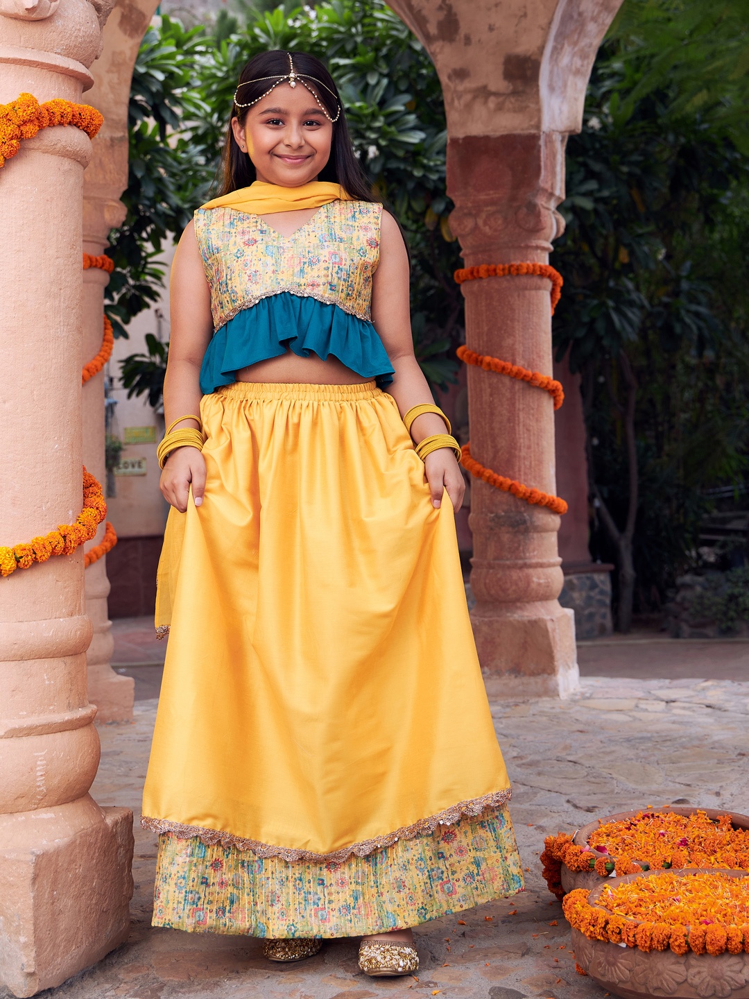 

VASTRAMAY Girls Embroidered Sequinned Ready to Wear Lehenga & Blouse With Dupatta, Yellow