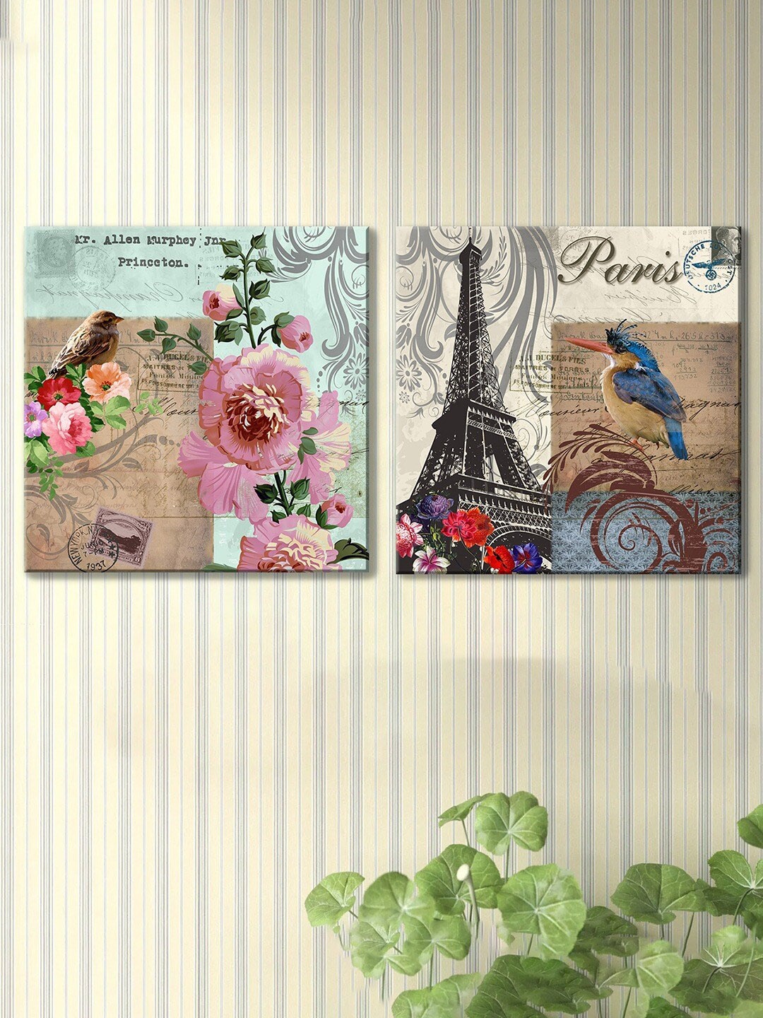

Art Street Beige & Blue 2-Pieces Flower & Birds Printed Canvas Wall Art