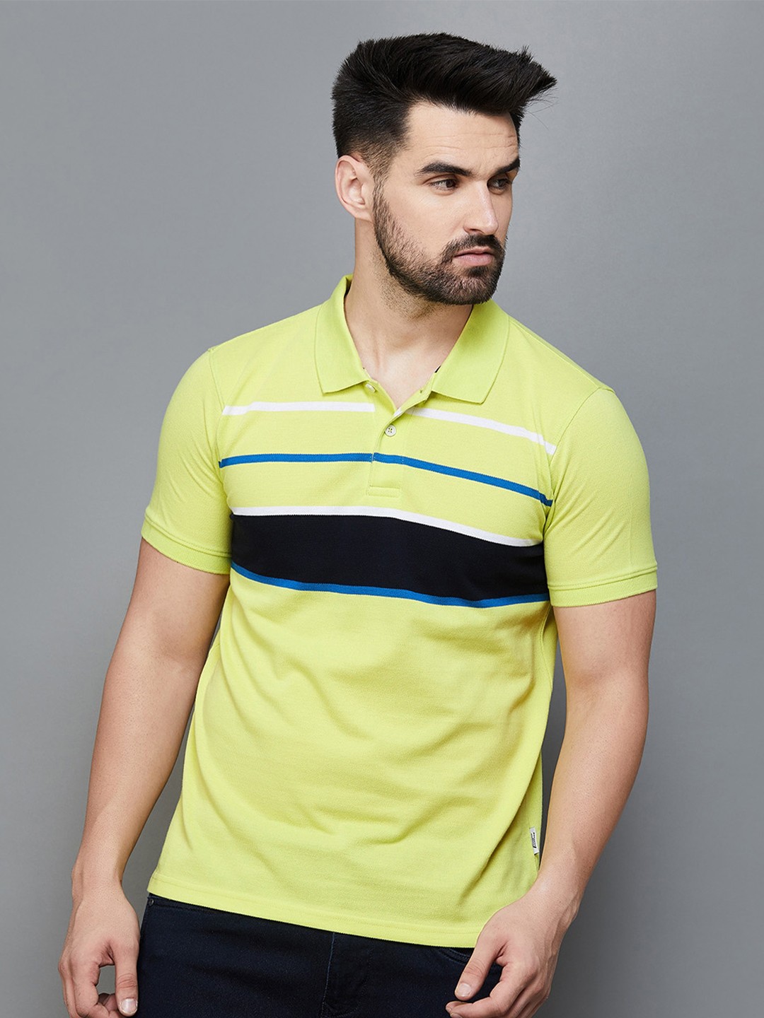 

Fame Forever by Lifestyle Striped Polo Collar T-shirt, Lime green
