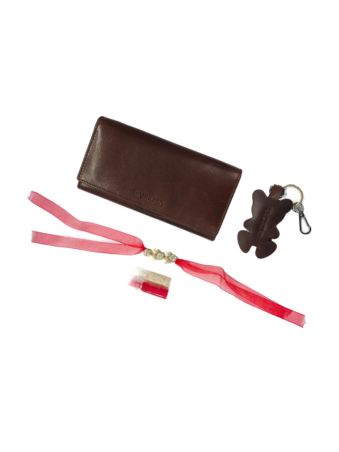 

Sassora Set Of 3 Leather RFID Wallet with Keychain and Rakhi Gift Set, Brown