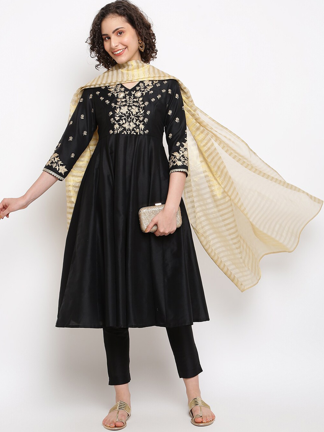 

IMARA Floral Embroidered V-Neck Zari Pleated Kurta with Churidar & With Dupatta, Black