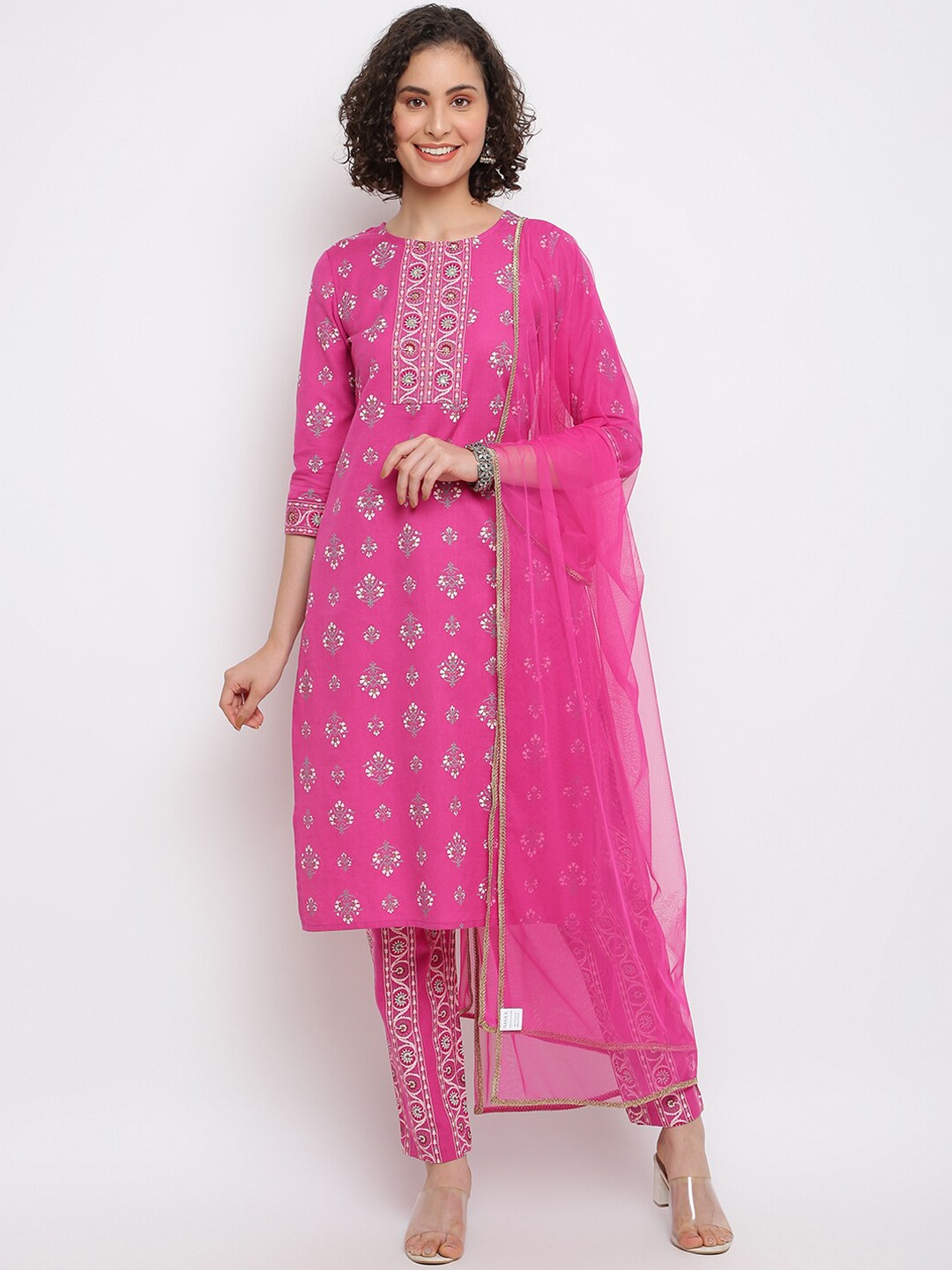 

IMARA Ethnic Motifs Printed Thread Work Pure Cotton Kurta with Trousers, Pink