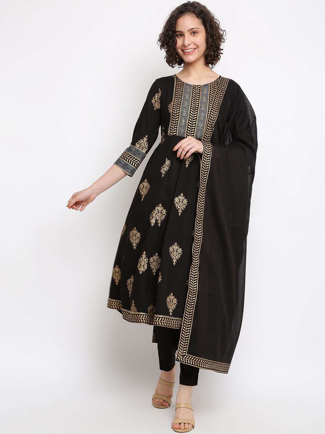 

IMARA Ethnic Motifs Woven Design Gotta Patti Regular Kurta with Churidar & With Dupatta, Black