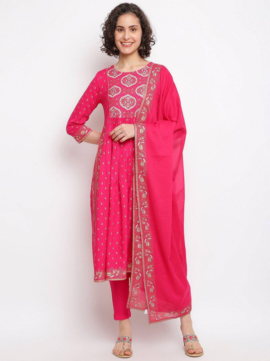 

IMARA Ethnic Motifs Printed Pleated Gotta Patti A-Line Kurta with Trousers & With Dupatta, Fuchsia